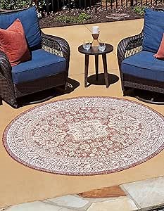 Unique Loom Outdoor Aztec Collection Area Rug - Chalca (6' 1" Round Rust Red/Ivory)