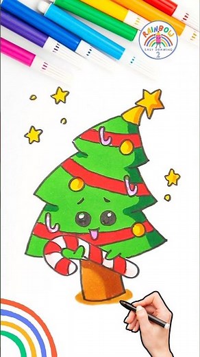 Christmas Tree Drawing Tutorial | How to Draw Cute Christmas Tree for Kids 🌈🎄 #christmas #shorts