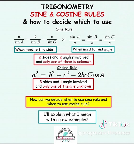 When do you use SINE rule and when donyounise COSINE rule? . #sine #cos #trigonometry #trig #gcse2023 #progresswithrebecca #math #maths #gcse #revision #mathshack