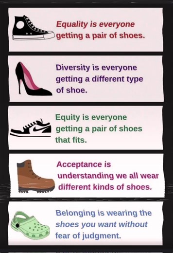 I’ve always been known for the shoes I wear—sparkle, shine, and making my mark! 🌟 So I’m taking the *Shoe Challenge* to spotlight what equality, diversity, equity, acceptance, and belonging really mean. 👟👑👟 🔹 *Equality*: everyone gets a pair of shoes. 🔹 *Diversity*: everyone gets a different type of shoe. 🔹 *Equity*: everyone gets a pair that fits. 🔹 *Acceptance*: understanding we all wear different kinds of shoes. 🔹 *Belonging*: wearing the shoes you want without fear of judgment. How 