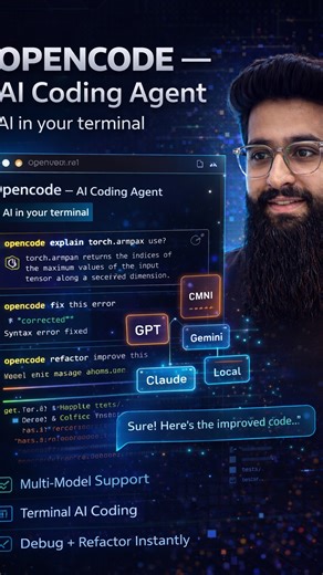 Hitesh | AI • Tech • Career on Instagram: "AI inside your terminal. Meet OpenCode ⚡#OpenCode #AICoding #DeveloperTools #AIForDevelopers #TechReels"