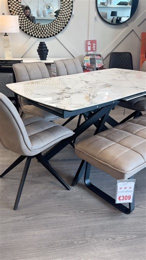Meet the Alima Extending Dining Range 👋🏼🏡 The Alima dining table extends from 160cm to 200cm and has a ceramic table top so is made to last ✅ Matched here with our Alima dining chairs and bench for only €1699 - be warned, stock is going FAST 🏃🏽 Available to view in our Fonthill & Omni store 🏡 #irishhomes #irishinteriors #myhome | Rightstyle Furniture Dublin