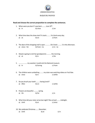 Prepositions of time in, on, at, during, while from, to, since, for worksheet