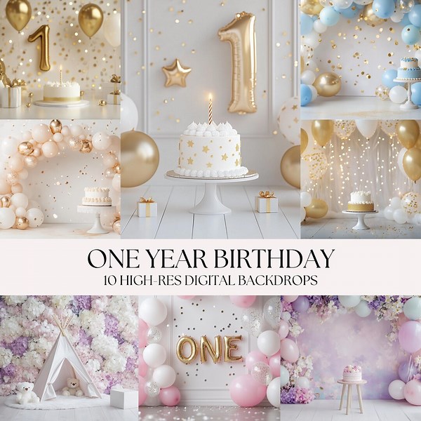 One Year Birthday Digital Backdrops – First Birthday Photo Backgrounds, Cake Smash Scenes, 1st Birthday Photography, Family Studio Backdrops - Etsy