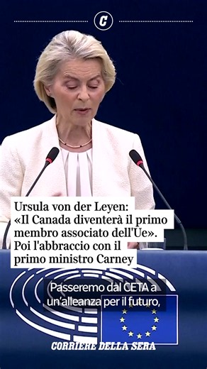 «Ho affermato che dobbiamo ripensare con urgenza i nostri partenariati. Vorrei quindi lavorare con voi per aprire la strada affinché il Canada diventi il primo membro associato dell'Ue. Condividiamo un oceano, dei valori e una visione del mondo. E ora costruiremo insieme anche il nostro futuro: grazie per essere qui». Lo ha detto la presidente della Commissione europea Ursula von der Leyen nel suo discorso sullo Stato dell'Unione al Parlamento europeo a Strasburgo, al quale partecipa anche il pr