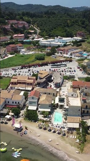 Sidari, Corfu, The Central & Central Seaside Hotels from the air.