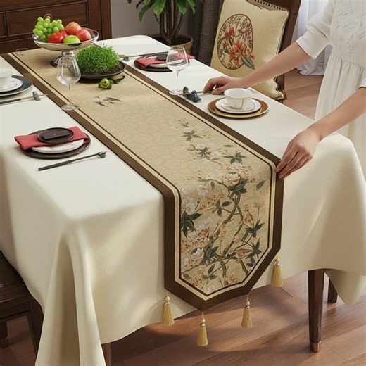 Handmade Chenille Table Runner, Beige Oriental Botanical Dining Table Runner With Tassels, Floral Bamboo Table Decor - Etsy