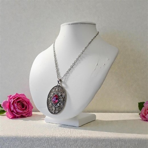 Pendant Necklace Fuchsia Pink Rhinestone Silver Long Layering Chain - Etsy