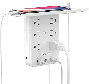 Outlet Extender Multi Plug Socket Shelf, Wall Mount Surge Protector 1700J with 6 Electrical Outlet Splitter 2 USB Port, Wall Charger with Nightlight, Multiple Power Outlet Expander for Home Dorm