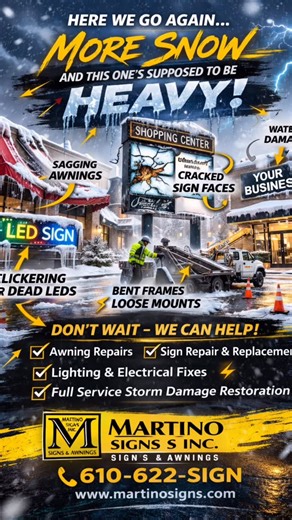 Here we go again… ❄️ More snow. And this one’s supposed to be heavy. Snow and ice don’t just look bad. They put serious weight and stress on awnings, signage, frames, and lighting. If you notice: • A sagging awning • A cracked sign face • Water getting behind panels • Flickering or dead LEDs • Bent frames or loose mounts Don’t wait. Martino Signs & Awnings handles everything from emergency repairs to full replacements for homes and commercial properties. We inspect it. We fix it. We make it righ