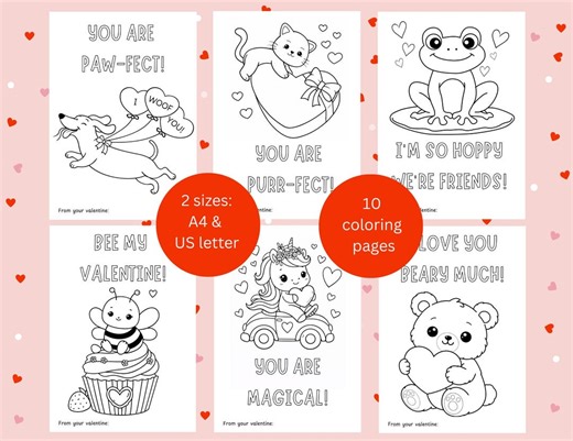 Valentine Animal Coloring Pages for Kids | Printable Valentine Activity | 10 Page PDF