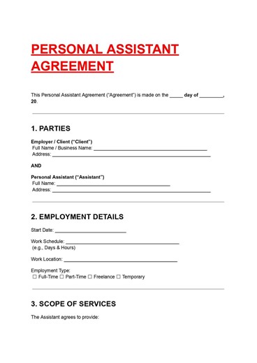 Personal Assistant Agreement Template Editable DOC PDF, Virtual Assistant Contract, PA Service Form - Etsy
