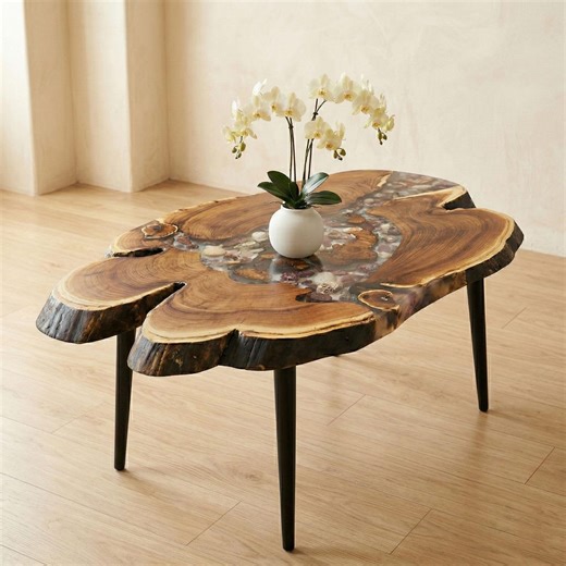 Large Wooden Coffee Table With Sea Stones; Clear Epoxy Resin Live Edge Slab,; Wild Olive Side End Table; Tree Stump Laptop Desk; Burl Wood - Etsy