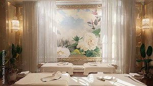 Serene Spa Retreat: Tranquil haven with elegant decor, featuring plush white linens, a calming floral mural, and natural light streaming in through sheer curtains, perfect for relaxation and rejuvenat