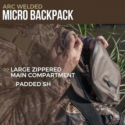 NEW for 2020: Arc Welded Micro Backpack. Perfectly sized for mobility, built rigid for extreme limit-pushing hunts. - FEATURES: - 100% Waterproof Arc Welded seam design - Long-wearing DuraMax 600D armor coated exterior - Large Waterproof Zippered main compartment - Zippered storage pocket - Padded shoulder straps - Braided topside carry handle - Find it at our retail partner locations across the country. (Banded.com/find-a-store) | Banded Gear