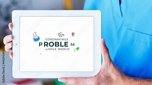 Tablet with visual information about the global virus and recommendations on how to prevent it