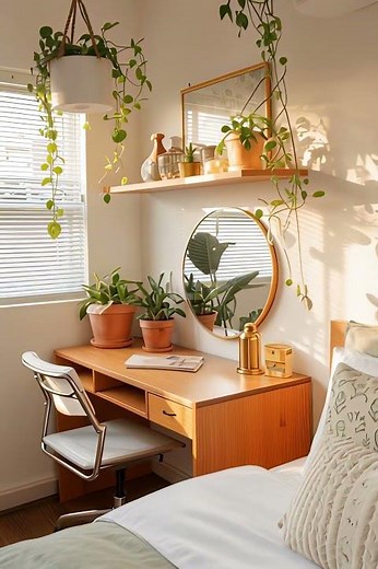 Cozy Bedroom Setup with Soft Lighting and Plants