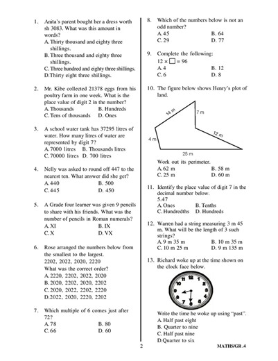 Grade 4 Mathematics End Term 3 2025 Exam