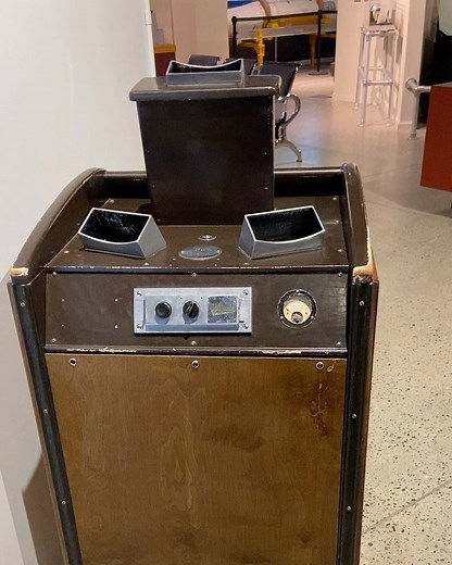 Today’s #Fieldtripfriday takes us to the shoe fitting Fluoroscope in the Nuclear Medicine exhibition area of the Museum. The fluoroscope, invented by M.B. Adrian & Sons, was advertised as the “scientific” way for a shoe salesperson to see if a shoe fit. It contained a 50 kv X-ray tube and a push button timer that could be set from 5 to 45 seconds. When the child or adult placed their feet in the opening, the two viewing portholes enabled the salesperson to see the toes inside the shoe. The bones