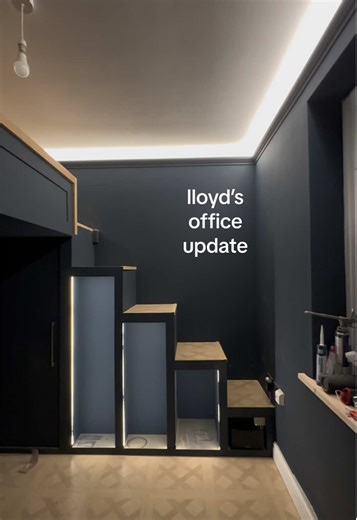 Home office renovation update! 💻✨👾 A productive week!! LED Coving, LED atmospheric lighting, radiator and door!! Do we keep the radiator white or paint it blue to match the wall…? 🤔👇🏻 #fyp #diy #renovation #homerenovation #wfh @Screwfix @Lick Buying a house, first time buyers, diy, renovation project, work from home, home office design, cosy interior, LED lighting, desk bed, bed over desk