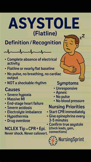 Nursing Sprint Prep on Instagram: "💔 “The rhythm that looks silent… and demands instant action.” Asystole is the ultimate flatline — no electrical activity, no pulse, no perfusion. NCLEX tests it because many students panic and choose defibrillation, but remember: 👉 You can’t shock what isn’t firing. CPR + Epinephrine + identifying reversible causes is the ONLY path forward. Save this — it’s a life-or-death exam point. For DAILY EKG breakdowns, NCLEX questions, answers, and rationales, ➡️ visi