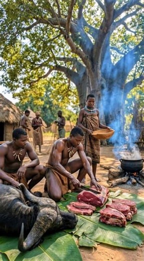 Sukuma Tribe Cooking Fresh Buffalo Meat! 🥩🔥#tribalfood #triballife #shorts