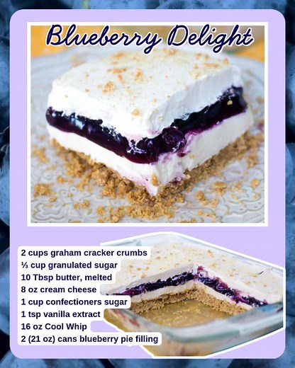 NO-BAKE BLUEBERRY DELIGHT 💙 Recipe: https://crayonsandcravings.com/blueberry-delight/ 🫐 2 cups graham cracker crumbs 🫐 ⅓ cup granulated sugar 🫐 10 Tbsp butter, melted 🫐 8 oz cream cheese 🫐 1 cup confectioners sugar 🫐 1 tsp vanilla extract 🫐 16 oz Cool Whip 🫐 2 (21 oz) cans blueberry pie filling | Crayons & Cravings