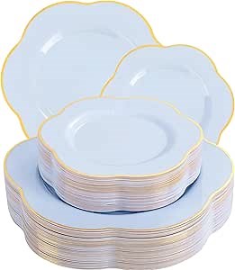 Liacere 50PCS Blue Plastic Plates - Heavy Duty Ice Blue Disposable Plates - Blue and Gold Plastic Plates Include 25PCS Blue Dinner Plates, 25PCS Blue Dessert Plates for Baby Shower Gifts