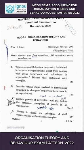 Organization Theory and Behaviour Question Paper 2022 |MCOM 1st SEM | IGNOU | MCO-021 |