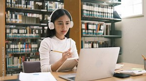 Young beautiful asian student study in the school library and using laptop for online learning.e-Learning education concept.Back to school concept.