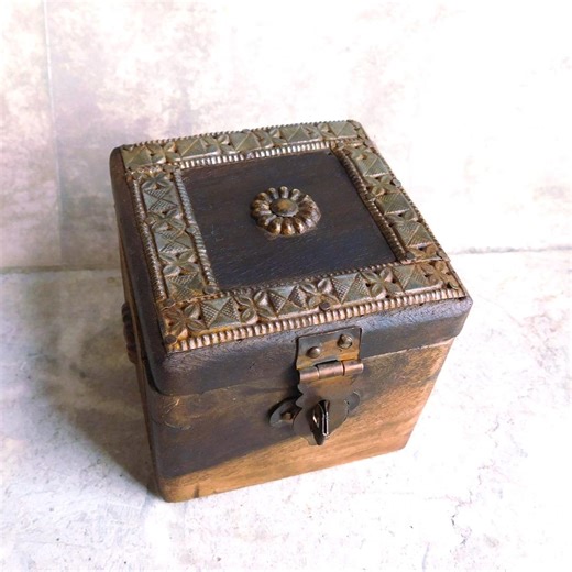 Vintage to Antique Hand-crafted Wooden Box W/ Repousse Metal Accents and Brass Clasp - Small Cube Box - Etsy