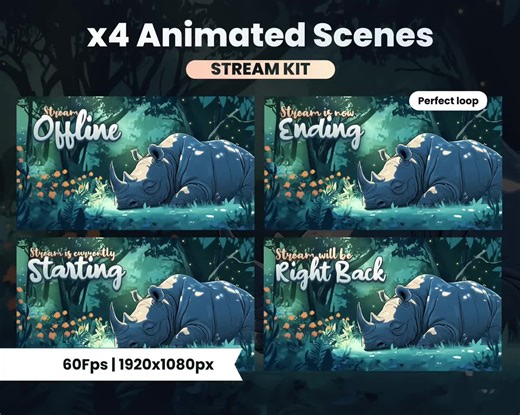 X4 Animated Stream Scenes - Rhinoceros - Twitch / Youtube / Kick - 1920x1080px - Perfect Loop - Instant Download - Etsy UK