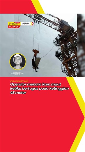 23 JAN 26: SEORANG operator menara kren dilapor meninggal dunia ketika sedang bertugas pada ketinggian kira-kira 45 meter, pagi tadi. Kejadian itu berlaku dalam sebuah menara kren di Residensi Puncak Austin, Jalan Seri Austin 4, Johor Bahru. Mangsa yang dikenali sebagai Muhamad Aliff Ishak, 33, yang ditemukan dalam keadaan tidak sedarkan diri ketika berada dalam menara kren tersebut. Klik kotak hijau untuk berita lanjut 📰 #trendingnewsmalaysia #beritaditiktok #fyp #kren