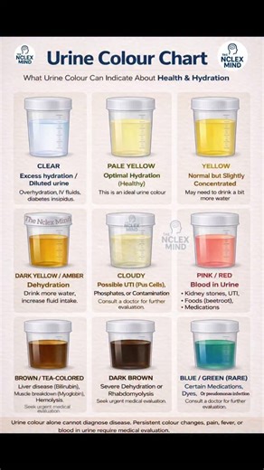 The NCLEX MIND on Instagram: "Urine Colour Chart – Exam Oriented Golden Points (Nursing) • Clear urine → Excess hydration / diluted urine; seen with overhydration, IV fluids, diabetes insipidus. • Pale yellow → Ideal & healthy urine colour (optimal hydration) • Yellow → Normal but slightly concentrated; mild dehydration possible • Dark yellow / Amber → Dehydration; increase fluid intake • Cloudy urine → Possible UTI (pus cells), phosphates, or contamination • Pink / Red urine → Hematuria; causes