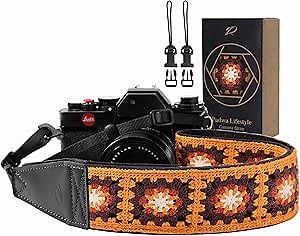 Padwa Lifestyle Yellow Crochet Camera Strap - 2" Full Grain Leather Ends Camera Straps for Photographers, Vintage Embroidered Cotton Soft Suede Fabric Padded Strap with Quick Release fits All Cameras