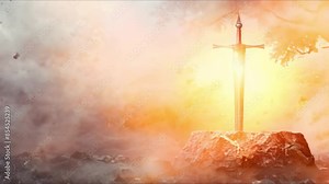 The Legendary Excalibur: Symbol of King Arthur's Rightful Rule. Concept Medieval Legends, King Arthur, Excalibur, Knights of the Round Table, Legendary Sword