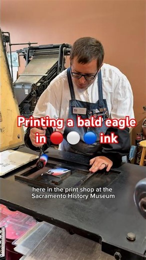 Printing a large bald eagle with red, white, and blue ink using a 174 year old printing press