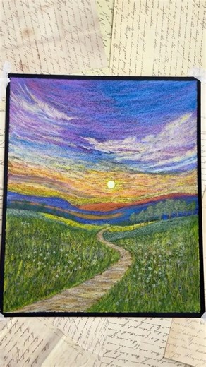 把落日余晖揉进春天的草地里#彩铅画#治愈系风景画#art #一起学画画 #drawing #Colored pencil drawing#彩铅画