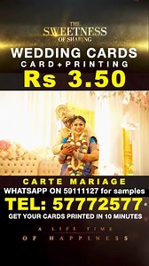 YES! only at 3.50 Rs Get your Wedding cards 😍 DESUITE Ena plusieurs Cartes: 3. 50 Rs, 5. 00 Rs, 7.00 Rs 🚨 WHATSAPP: 59111127 Pou Samples / MODELS 🚨 Pena Pou met Laline Rien!Mo Design to Carte Mariage Gratuit devan toi, Imprime Desuite donne toi dan 10-15 Minutes Desuit👌 Call/Sms: 57772577 ☎ 🚨 Vine Petit Raffray mo fer to carte Desuite devant toi: COUMA LI MARCHER? ✅ Ouvert Lundi a Dimanche 10a.m ziska 5hrp.m ✅ Nou Ladresse: Route Royale, Petit Raffray Akoté Village Hall ✅ Nou Fer Montage Ca
