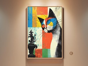 Mid-century Modern Cat Art Print, Abstract Expressionist Wall Art, Blue Yellow Orange Cat Poster, Eclectic Home Decor, Gift for Cat Lovers - Etsy