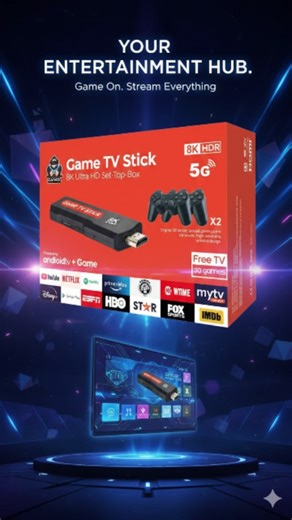 ‎تكنولوجيا المستقبل‎ on Instagram‎: "جهاز ألعاب 8K Game TV Stick ✅ مع Android TV وتحكم مزدوج 🔷الاستخدامات تحويل أي تلفزيون إلى جهاز ألعاب متكامل خلال ثوانٍ. تشغيل آلاف الألعاب الكلاسيكية والحديثة مباشرة على التلفزيون. استخدامه كـ Android TV Box لمشاهدة YouTube، Netflix، Prime Video، وغيرها. مناسب للعب الجماعي مع العائلة أو الأصدقاء بفضل يدتي تحكم. مثالي للأطفال والكبار ومحبي الألعاب الكلاسيكية. 🔷المميزات يدعم دقة عرض 8K Ultra HD + HDR لصورة أوضح وألوان أقوى. يعمل بنظام Android TV مع دعم تحميل 