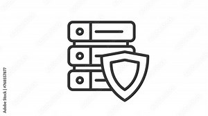 Animated server protected with stack of servers topped and shield. Ideal for cybersecurity, network protection, data storage, internet security concepts in presentations or designs