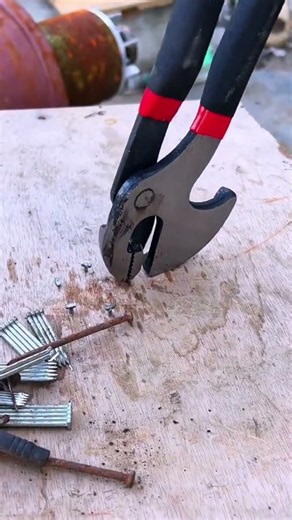 Using nail-pulling pliers to easily remove stubborn nails embedded in wood #viralvideo #construction