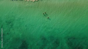 Beautiful sandy beaches in sunny Tulum in Mexico and clear blue water of the Caribbean sea close to Cancun and Playa del Carmen, a perfect vacation destination - Aerial shot drone fly by