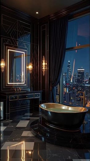 Luxury Art Deco Bathroom: City View & Gold Accents #ArtDecoBathroom #LuxuryDesign