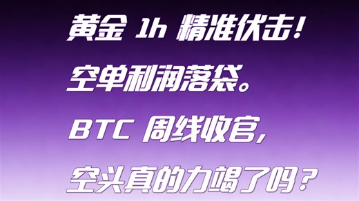 【文西学交易】黄金 1h 精准伏击！空单利润落袋。BTC 周线收官，空头真的力竭了吗？