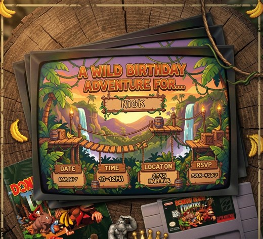 Donkey Kong Birthday Invitation Template, Jungle Gamer Party Invite, Retro CRT Birthday Invite, Editable Canva Kids Invite, 7x5 Digital Down - Etsy
