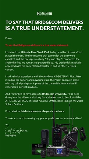 BridgeCom Systems on Instagram: "To say that Bridgecom delivers is a true understatement.⁠ #Bridgecom #hamradio #dmr #bridgecom #dmrradio #testimonial⁠ ⁠ Link in Bio!"