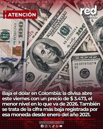 Baja el dólar en Colombia: la divisa abre este viernes con el menor precio en lo que va del 2026