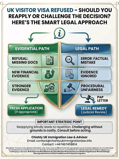 UK Visitor Visa Refused – Should You Reapply or Challenge the Decision? Here’s the Smart Legal Approach One of the most common questions after a UK Visitor Visa refusal is: Should I reapply or should I challenge the decision? The answer depends entirely on the reason for refusal. WHEN REAPPLYING MAY BE APPROPRIATE Reapplying can be suitable if: • The refusal was due to missing documents • You did not submit sufficient financial evidence • You failed to explain your travel history properly • Ther
